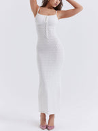 Pointelle Knit Spaghetti Strap Tie Front Ribbed Bodice Maxi Dress