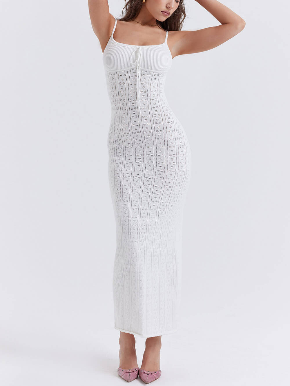 Pointelle Knit Spaghetti Strap Tie Front Ribbed Bodice Maxi Dress