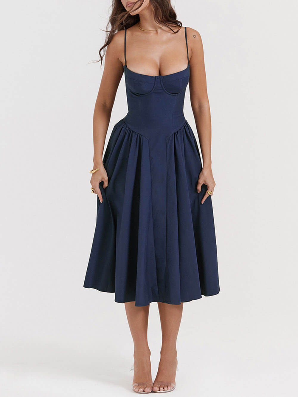 Sweetheart Bustier Dropped Waist Pocket Side Fit and Flare Midi Dress