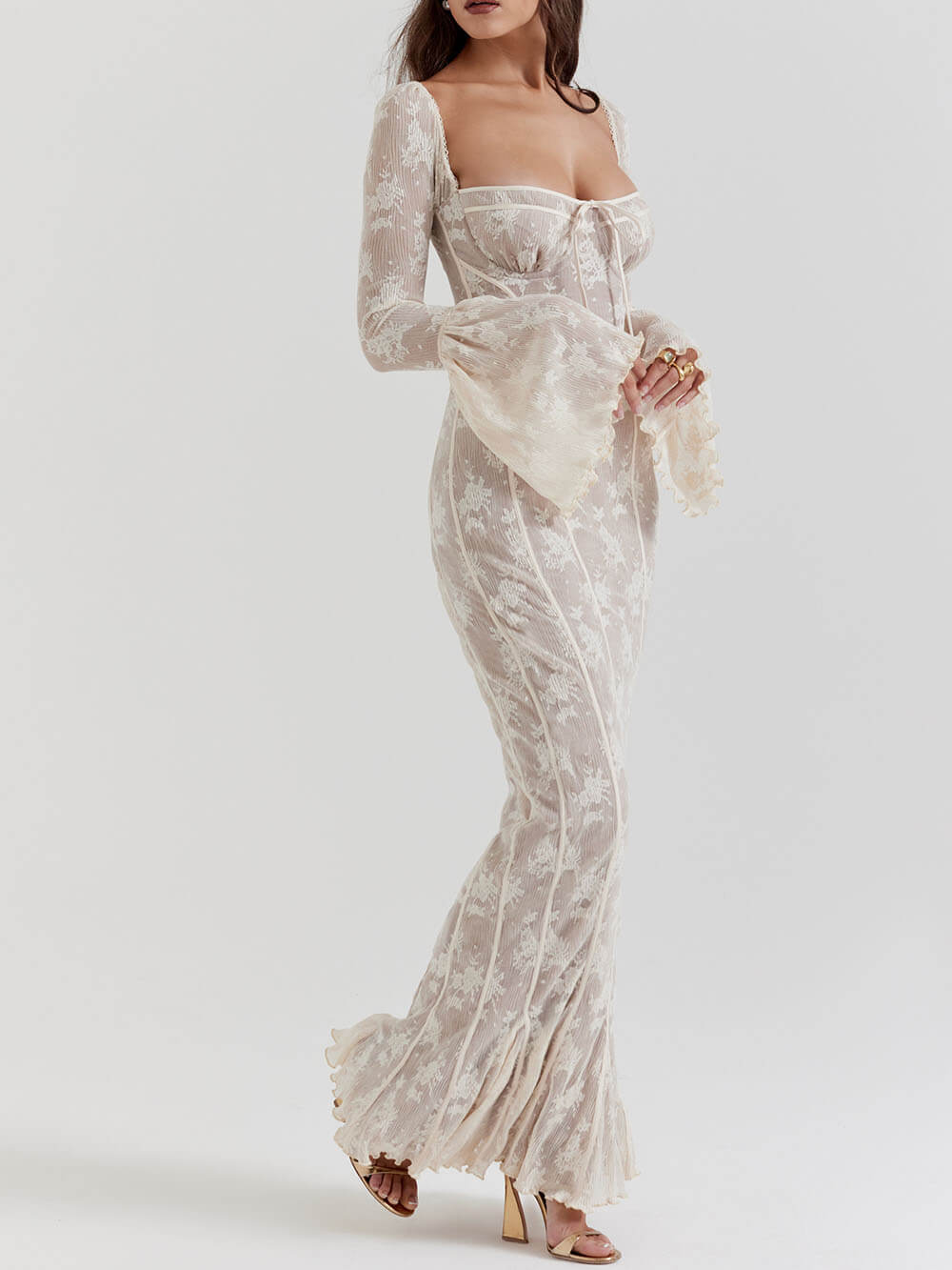 Sweetheart Neck Corset Seam Floral Lace Bell Cuff Mermaid Maxi Gown