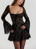 Floral Lace Square Neck Tie Front Bell Sleeve Corset Bodice Mini Dress