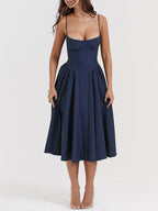 Sweetheart Neck Spaghetti Strap Corset Bodice Basque Waist Pleated Midi Dress