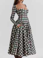 Plaid Sweetheart Neck Corset Bodice Basque Waist Pleated Midi Dress