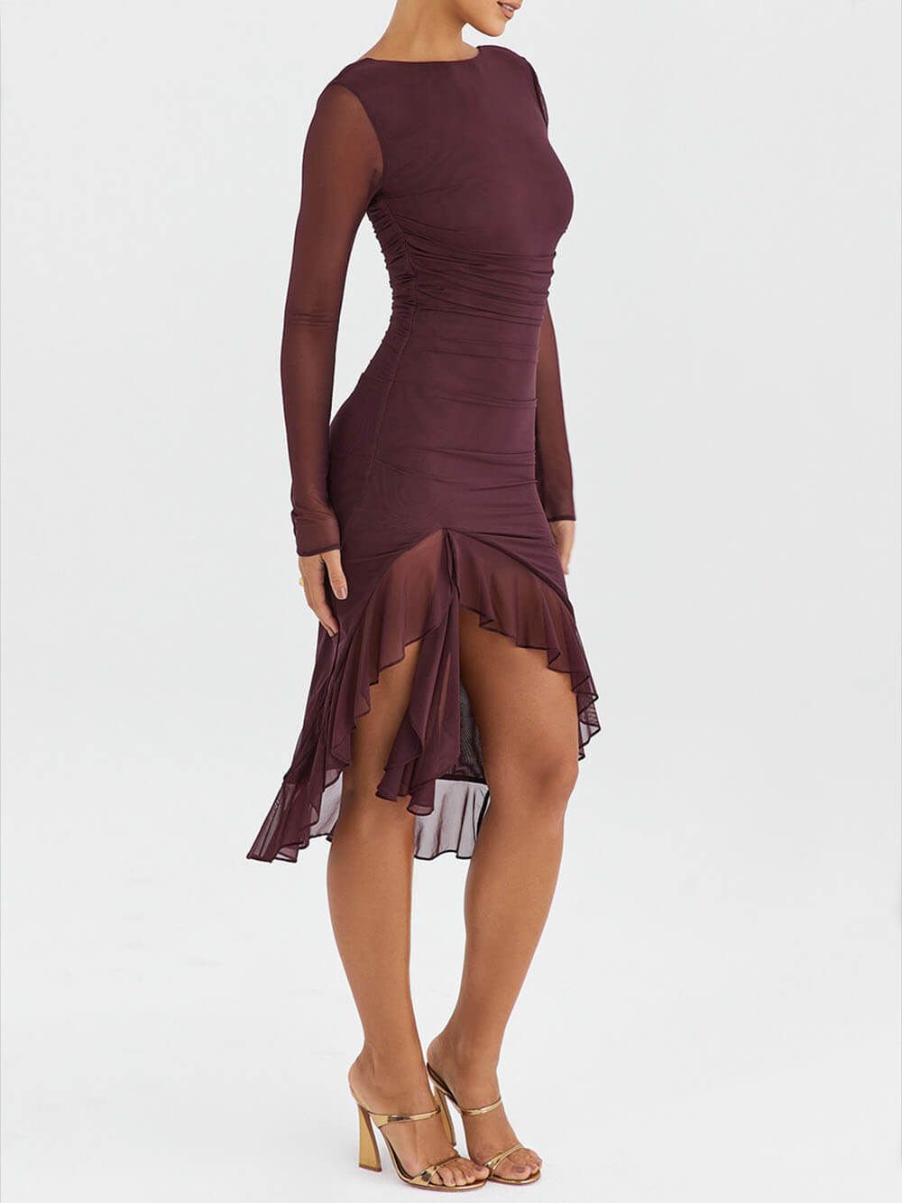 Boat Neck Mesh Sleeve Horizontal Ruched High Low Ruffle Hem Midi Dress