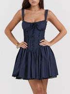 Square Neck Lace Trim Milkmaid Corset Pintuck Pleated Lace Hem Mini Dress