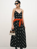 Polka Dots V-neck Suspenders Backless Large Skirt No Belt Maxi Dresses