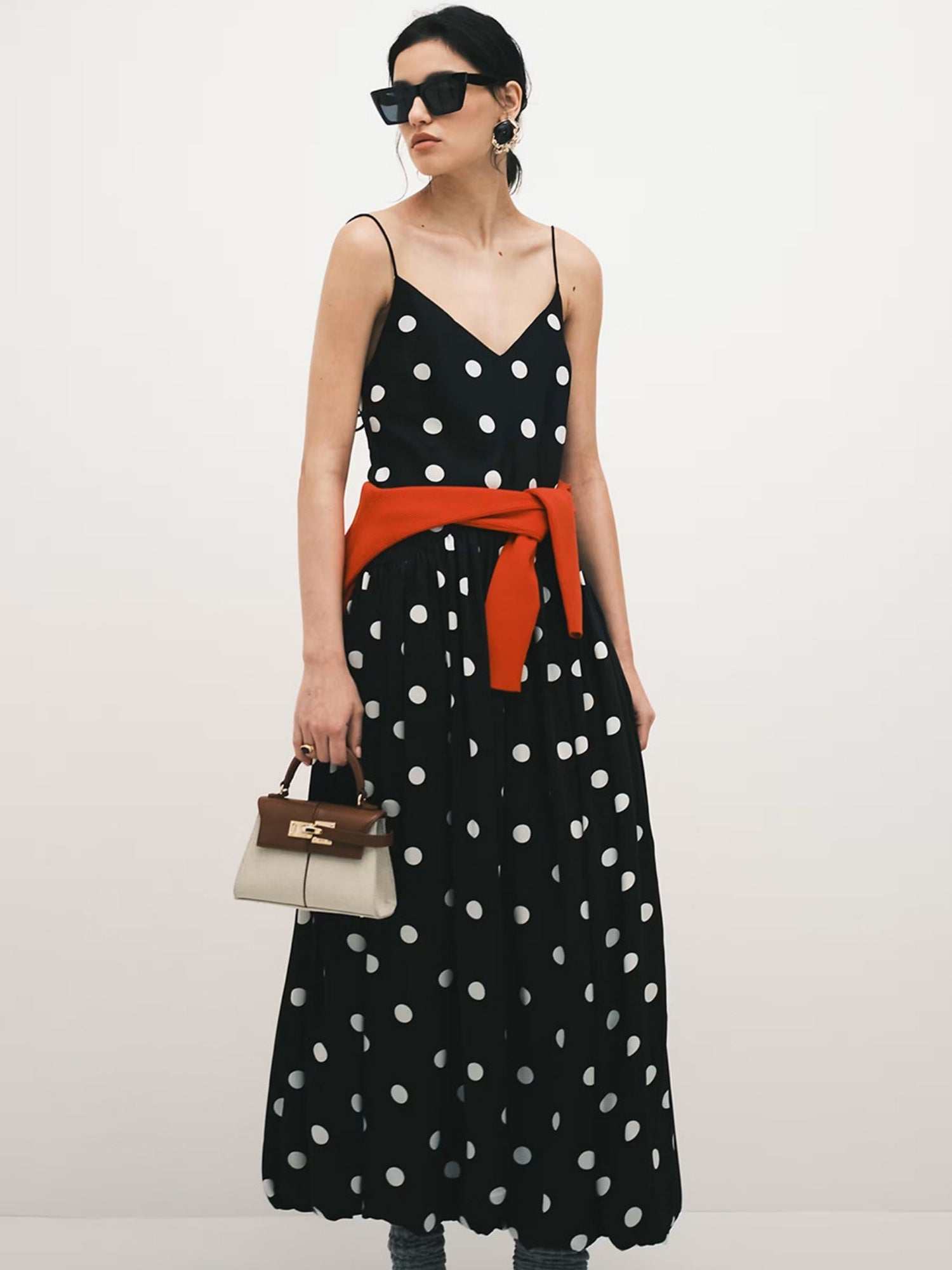 Polka Dots V-neck Suspenders Backless Large Skirt No Belt Maxi Dresses