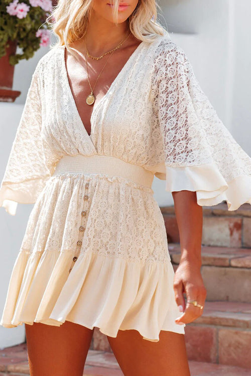 Lace Bell Sleeve Deep V-Neck Button Front Ruffle Hem Mini Dress