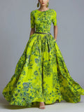 Printed Crew Neck Short Sleeve Zipper Maxi Dresses
