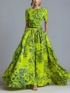 Printed Crew Neck Short Sleeve Zipper Maxi Dresses