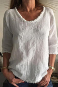Round Neck 3/4 Sleeves Raw Hem T-shit
