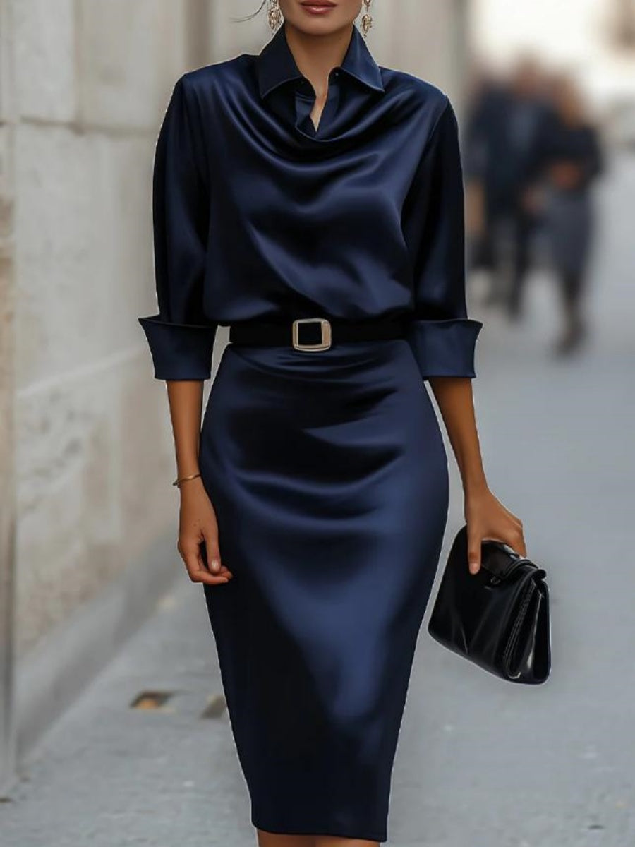 Swing Collar Draped Collar Grace Long Sleeve Belt Midi Dresses