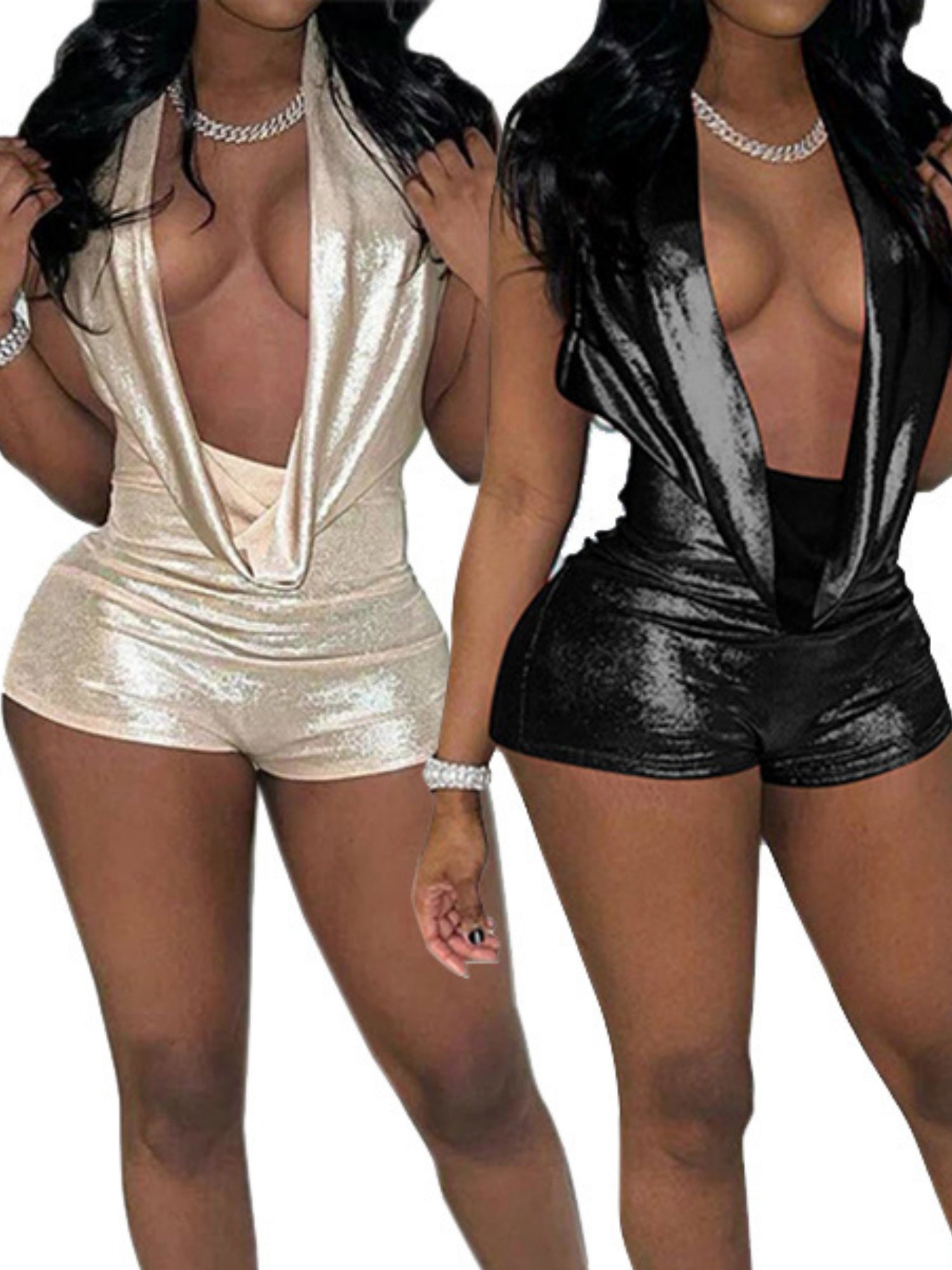 Metallic Gloss Deep V-neck Backless Tight-fitting Jumpsuits
