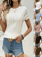 Openwork Jacquard Crew Neck Short Sleeve T-shirts