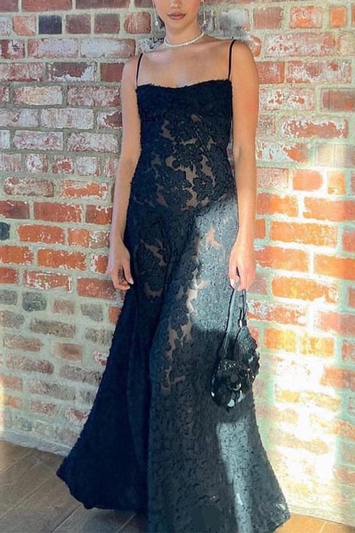 Spaghetti Strap Back Lace-up Applique Flower Maxi Swing Dress