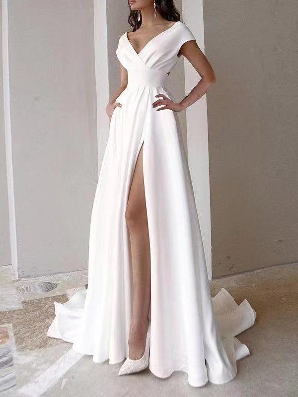 V-neck, Ruffled, White, Mid-waisted, Solid Color Long Dress