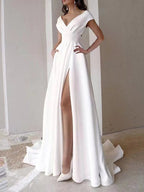 V-neck, Ruffled, White, Mid-waisted, Solid Color Long Dress