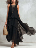 Black Sleeveless Asymmetrical Chiffon Maxi Dress