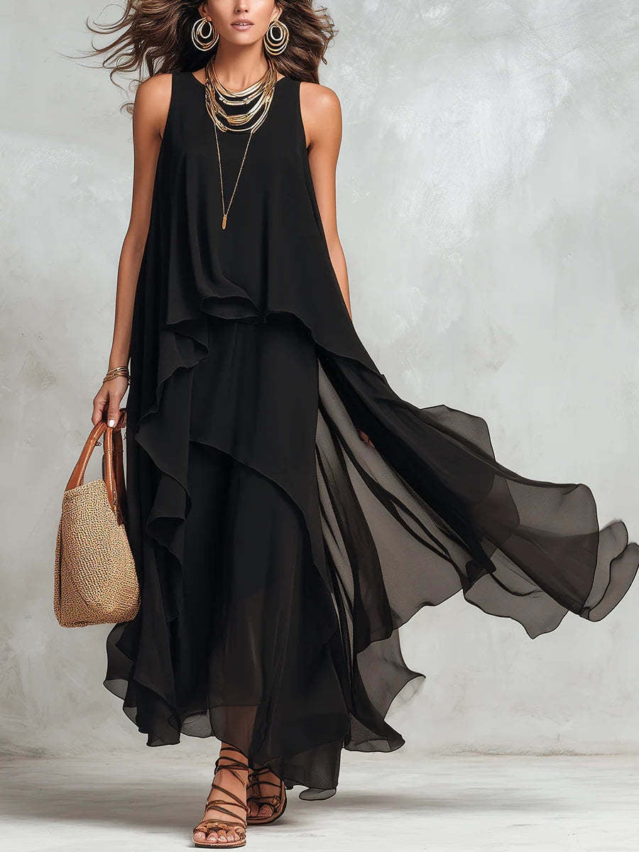 Black Sleeveless Asymmetrical Chiffon Maxi Dress