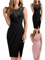 Sequin Splicing Slim Fit With Slits Round Neck Sleeveless Mini&Short Dresses