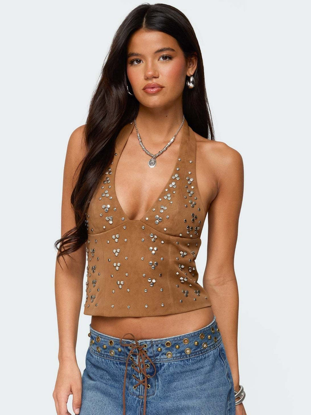 Rivets V-neck Halter Neck Backless Tank Tops