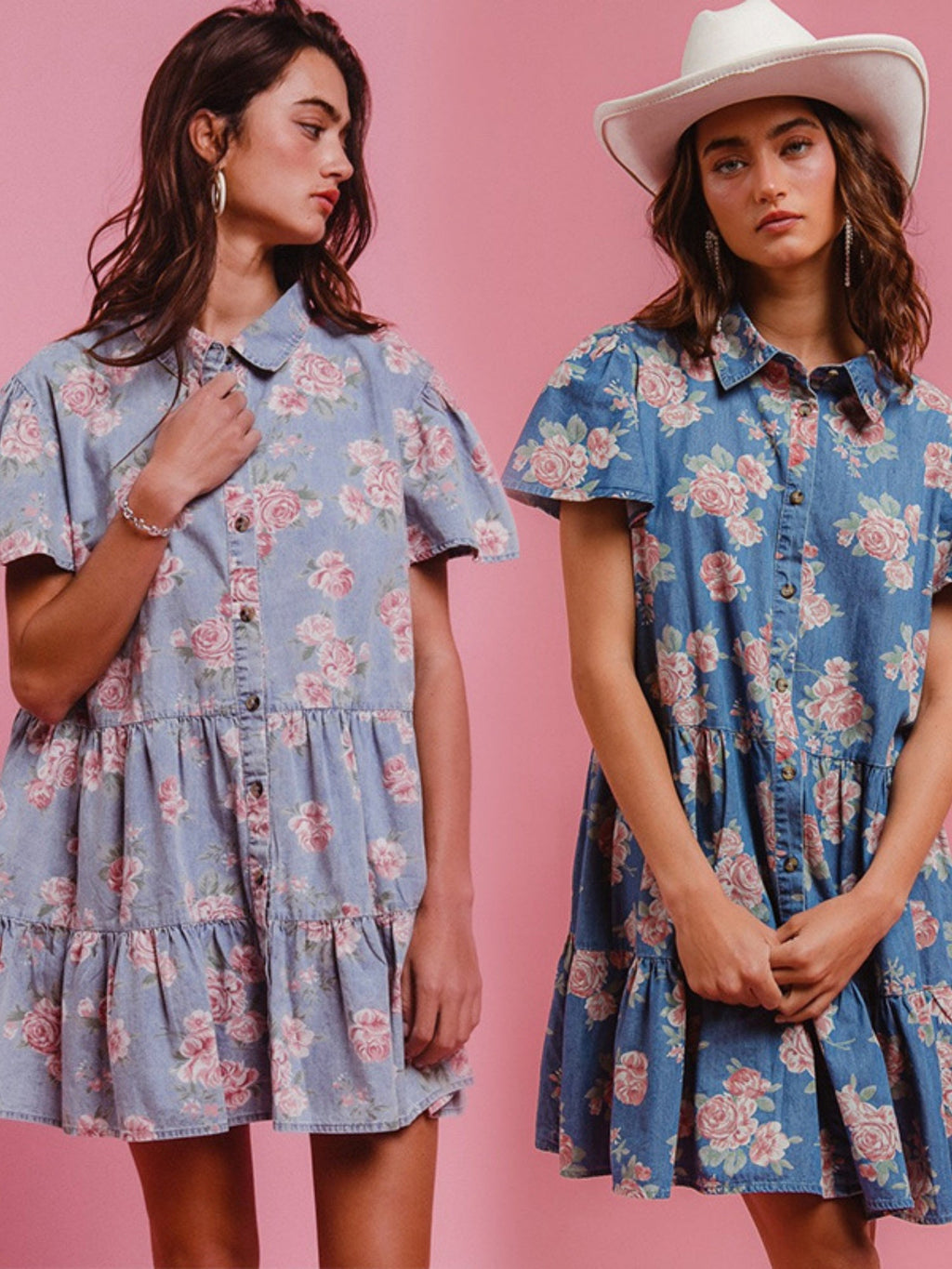 Denim Floral Print Collared Short-sleeved Shirt Buttons Shirt Dress