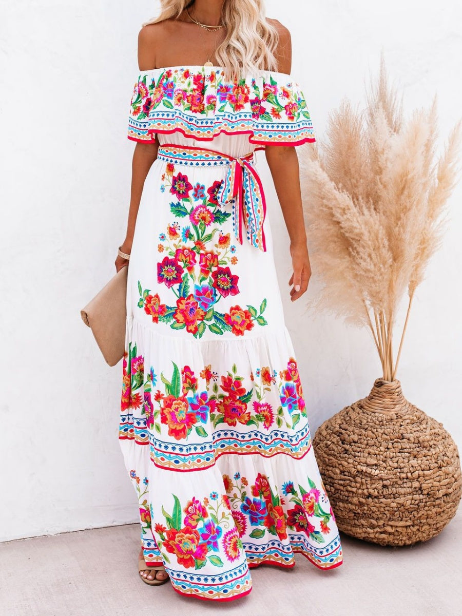 Off-the-shoulder Red Floral Print Maxi Dress