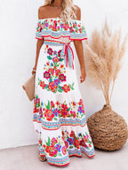 Off-the-shoulder Red Floral Print Maxi Dress