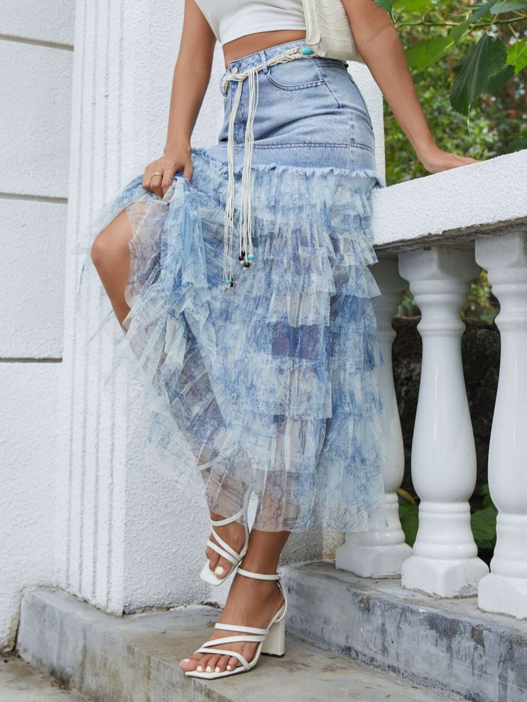 Denim Mesh Splicing Pocket Layering Skirts