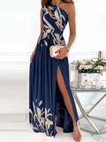 Botanical Print One Shoulder Cut Out High Slit Maxi Dress