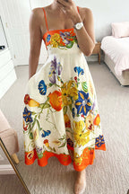 Spaghetti Strap Square Neck Botanical Fruit Print Scalloped Hem Midi Dress
