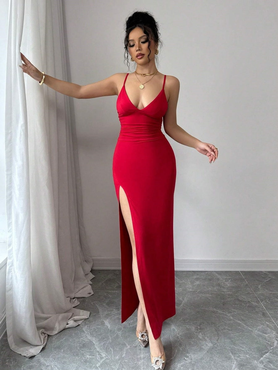 Hip-hugging Slit V-neck Formal Dress Midi Dresses