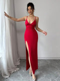 Hip-hugging Slit V-neck Formal Dress Midi Dresses