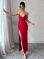 Hip-hugging Slit V-neck Formal Dress Midi Dresses