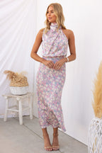Satin Floral Print Halter Neck Cowl Neck Two Piece Set
