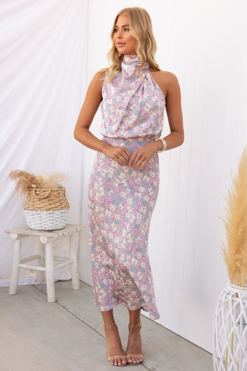 Satin Floral Print Halter Neck Cowl Neck Two Piece Set