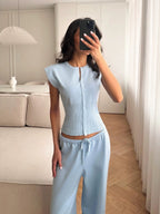 Crew Neck Sleeveless Cardigan Vest Wide-leg Pants Knitting Set 2-piece Sets