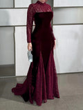 Burgundy Lace Long Sleeve Fishtail Evening Dress Maxi Dresses
