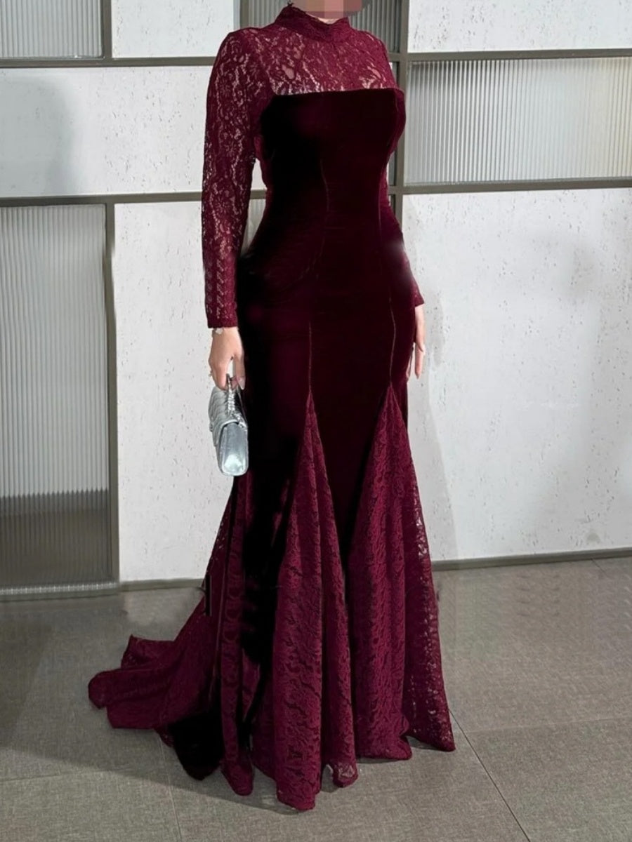 Burgundy Lace Long Sleeve Fishtail Evening Dress Maxi Dresses