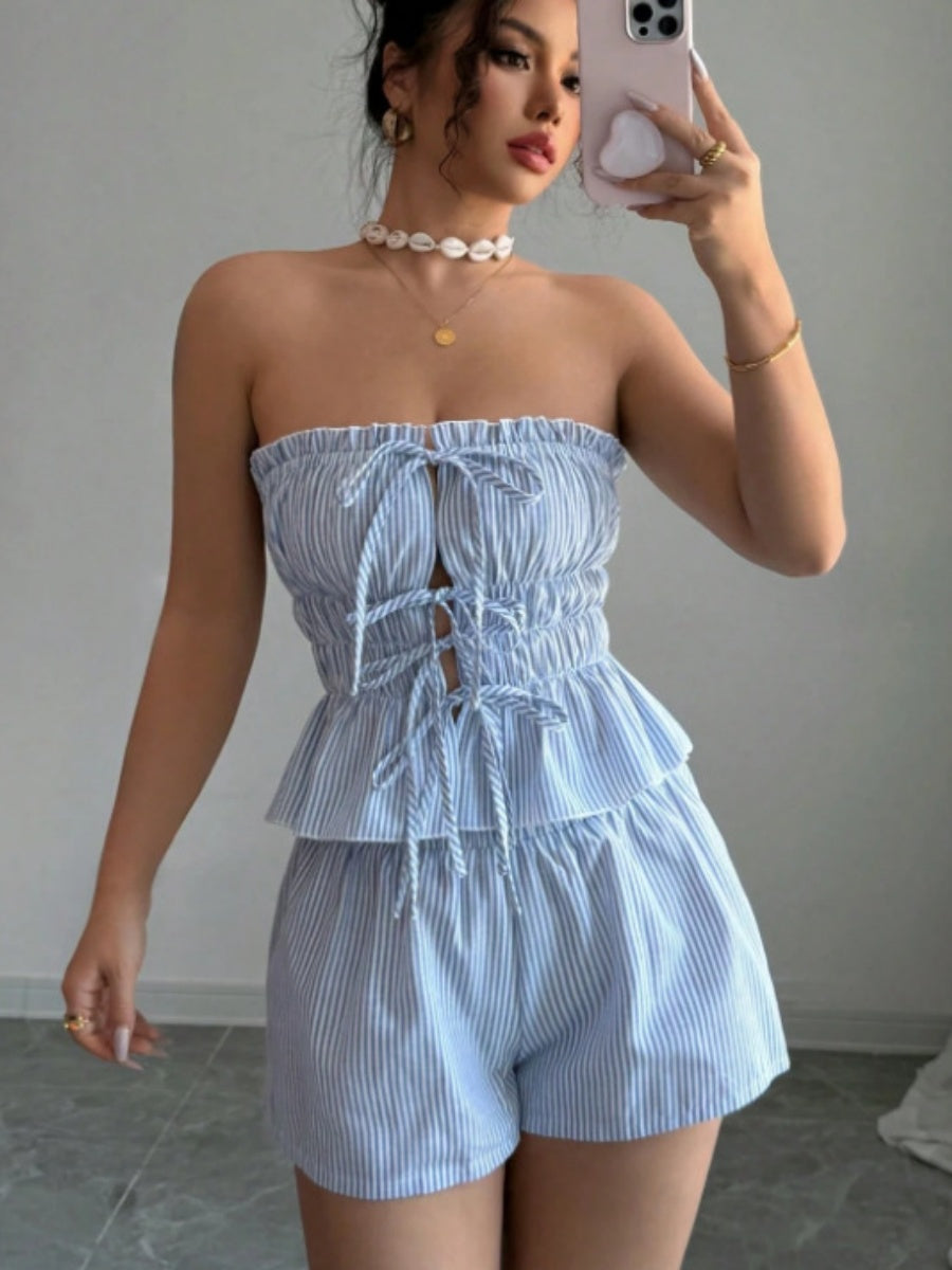 Strapless Striped Ruffled Crop Top And Elastic Waist Shorts Two-piece Set