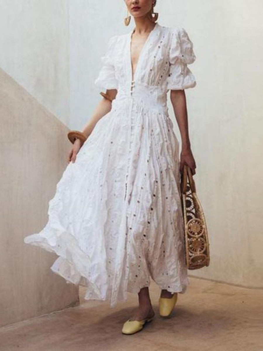 Deep V-neck Puff Sleeve Lace Cutout Long Dress