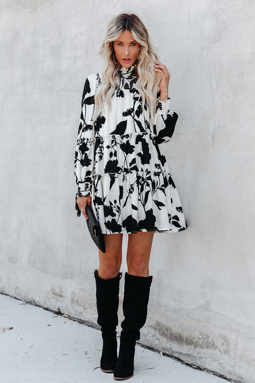 Smocked Mock Neck Balloon Sleeve Tiered Floral Print Mini Dress