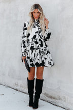Smocked Mock Neck Balloon Sleeve Tiered Floral Print Mini Dress