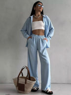 Solid Color Cardigan With Pockets, Casual Wide-leg Trousers 2-piece Sets