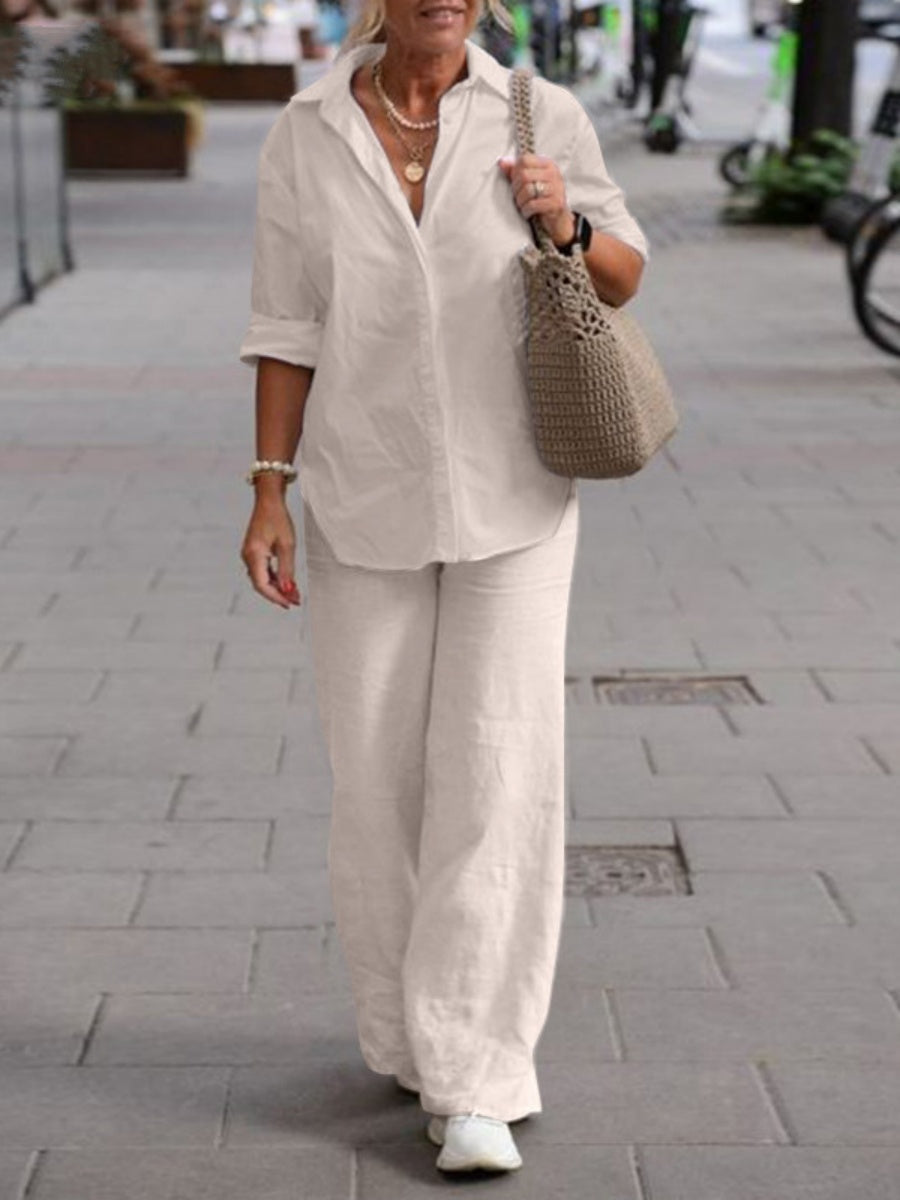 Collared Long-sleeved Shirt And Casual Solid Color Wide-leg Pants Two-piece Set For Spring And Autumn