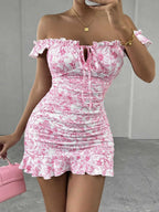 Floral Print Ruffle Off-shoulder Waist Shaping Mini&Short Dresses