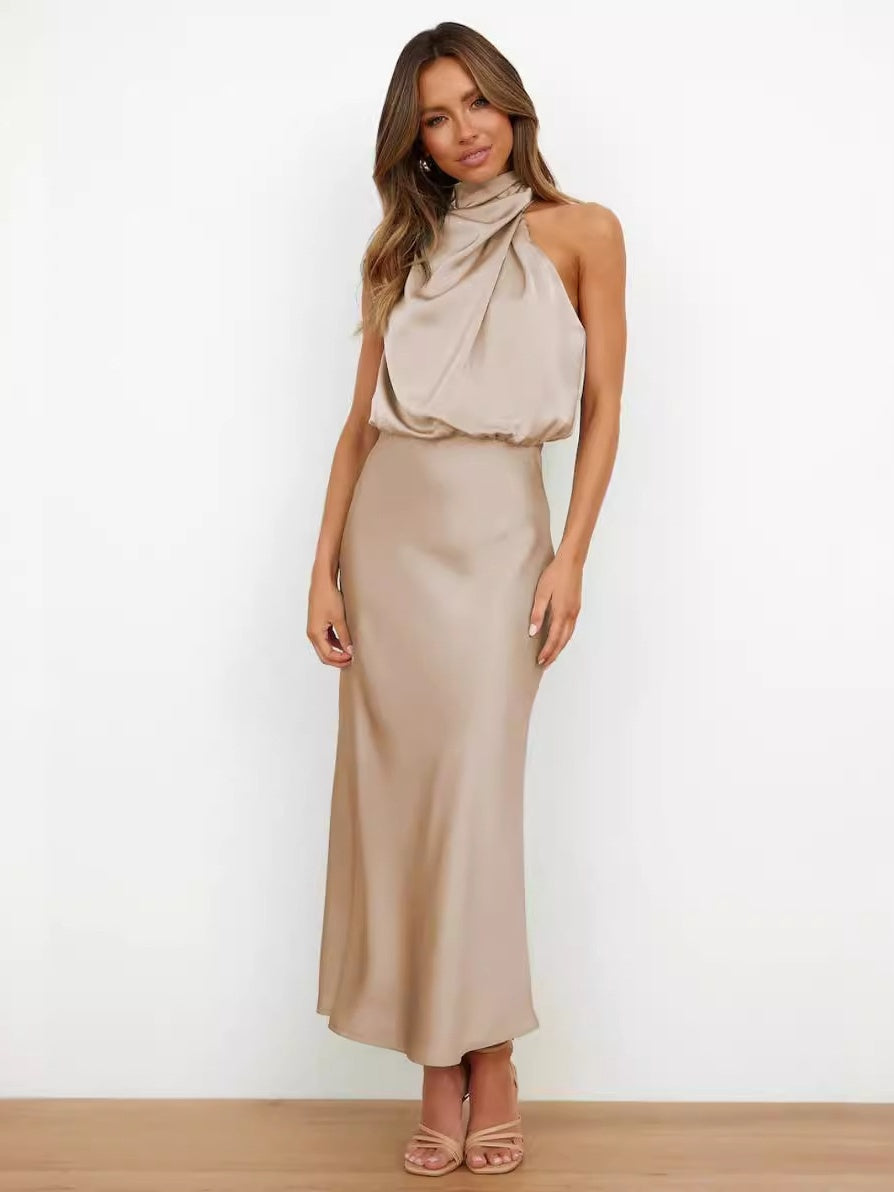 Satin Sleeveless Solid Color Halter Neck Long Dress