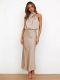 Satin Sleeveless Solid Color Halter Neck Long Dress
