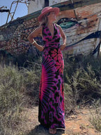 Tie Dye Print Halter Deep V-Neck Wrapped Waist Bodycon Maxi Dress