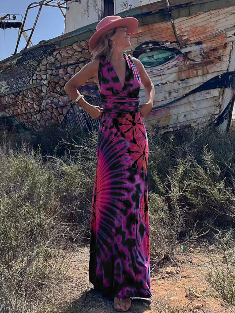 Tie Dye Print Halter Deep V-Neck Wrapped Waist Bodycon Maxi Dress